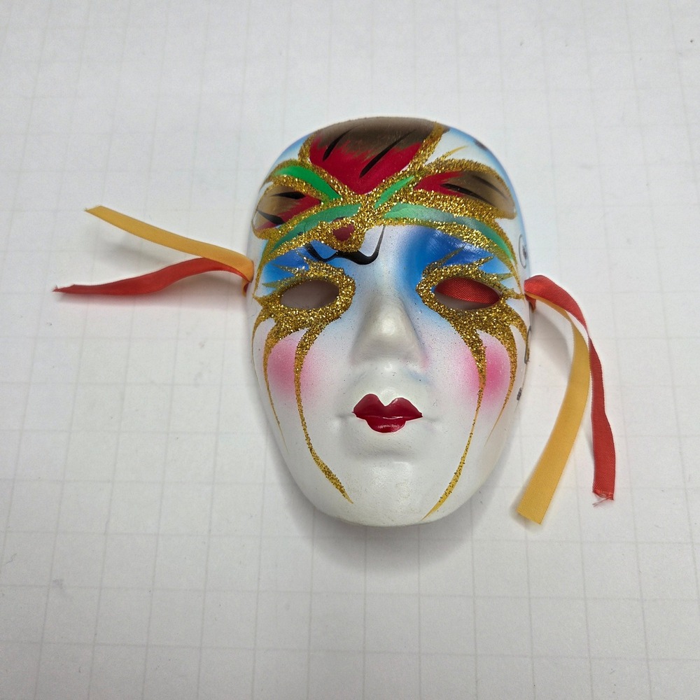 Vintage Ceramic Harlequin Mask Hand Painted Gold Glitter Wall Decor 4.5" Multi